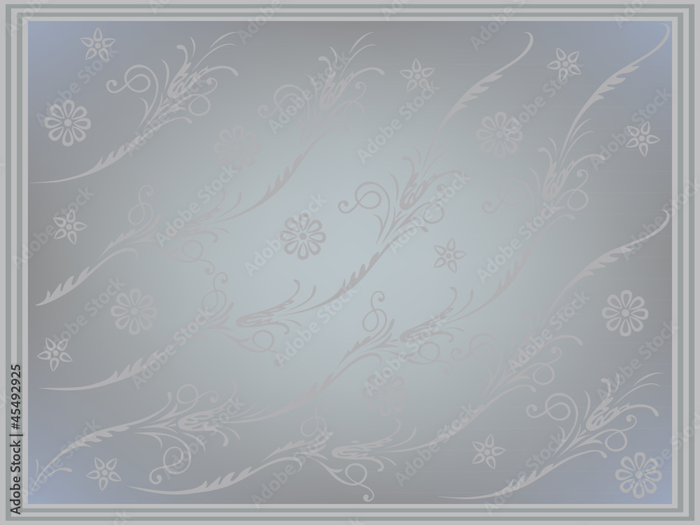 Floral swirling decorative elements on a gray background