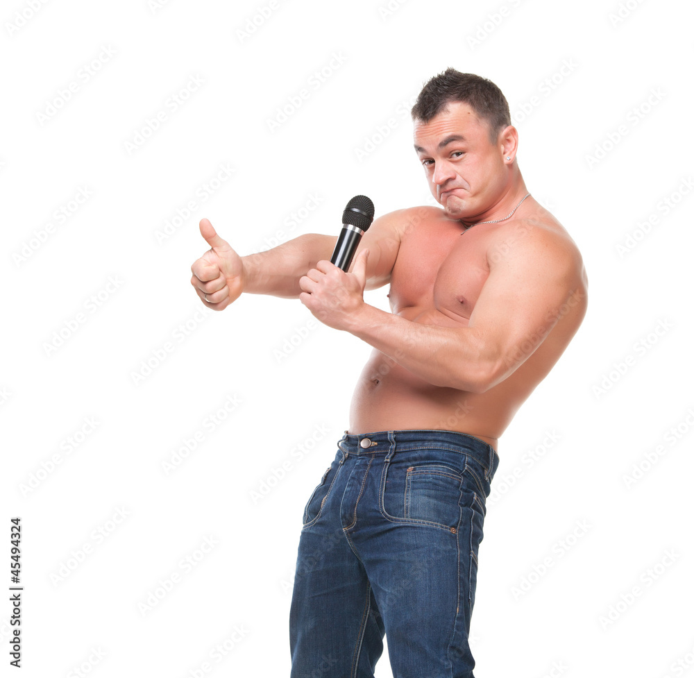 Fototapeta premium Man with a Microphone shows Thumb-up