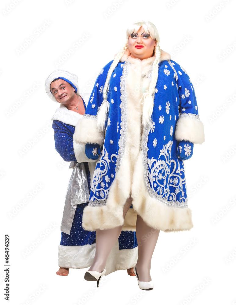 Travesty Actors Genre Depict Santa Claus and Snow Maiden Travesty Actors Genre Depict Santa Claus and Snow Maiden