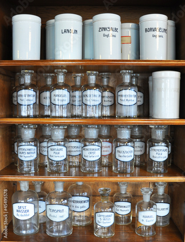 Bottles on the shelf of an old pharmacy photo