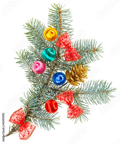 Multicolored Christmas balls, bows and cone on spruce branch, is © HamsterMan