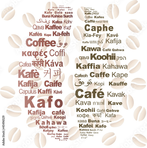 Coffee bean with the word "coffee" in all languages