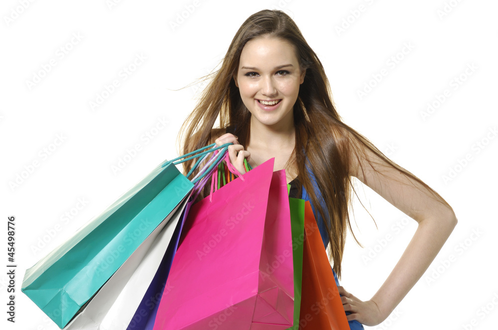 happy laughing girl with shopping bags