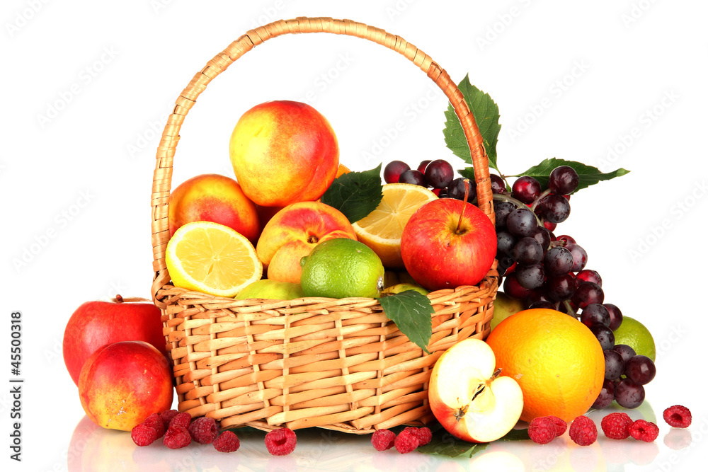 Assortment of exotic fruits in basket, isolated on white Assortment of exotic fruits in basket, isolated on white