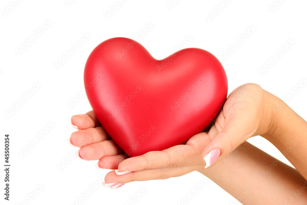 Obraz premium Red heart in woman's hands, on white background close-up