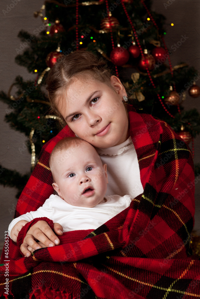 Portrait of two sisters, christmas Portrait of two sisters, christmas