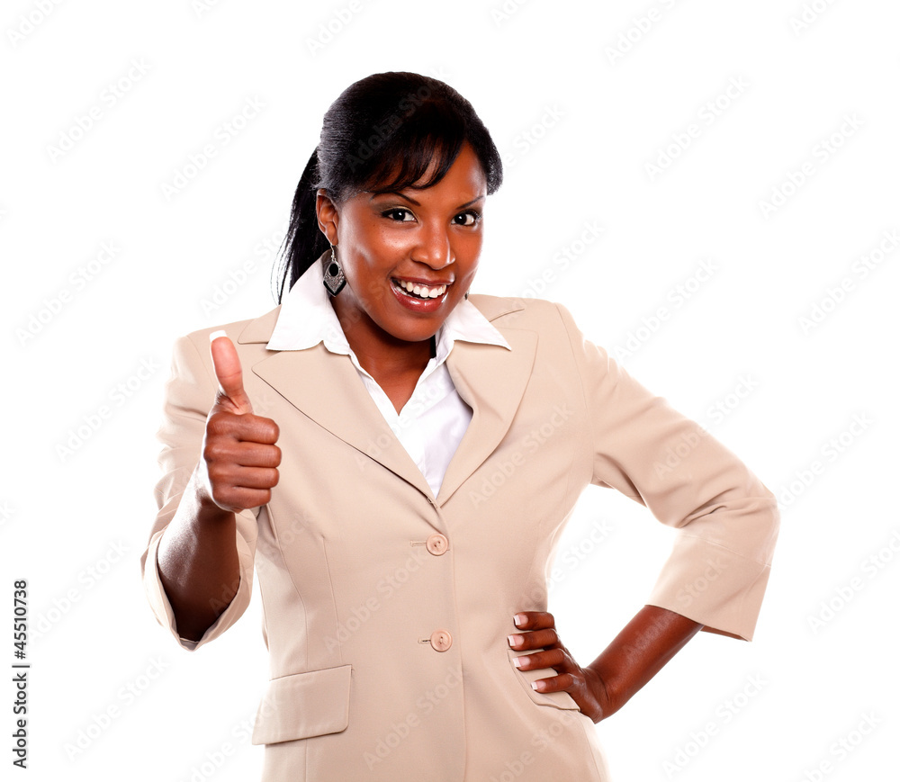 Happy ethic businesswoman saying great job Happy ethic businesswoman saying great job