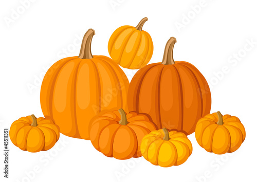 Group of seven orange pumpkins. Vector illustration.