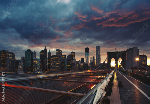 Panoramic shot of Manhattan skyline from the Brooklyn bridge 