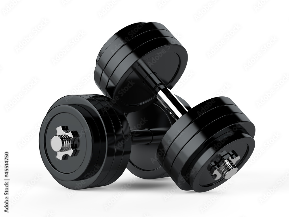 3d illustration of two black dumbbells over white background 3d illustration of two black dumbbells over white background