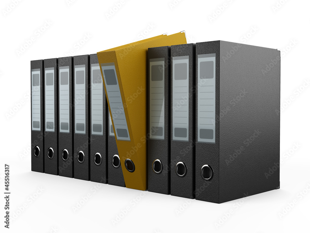 A row of files, with one yellow one standing out from the others A row of files, with one yellow one standing out from the others