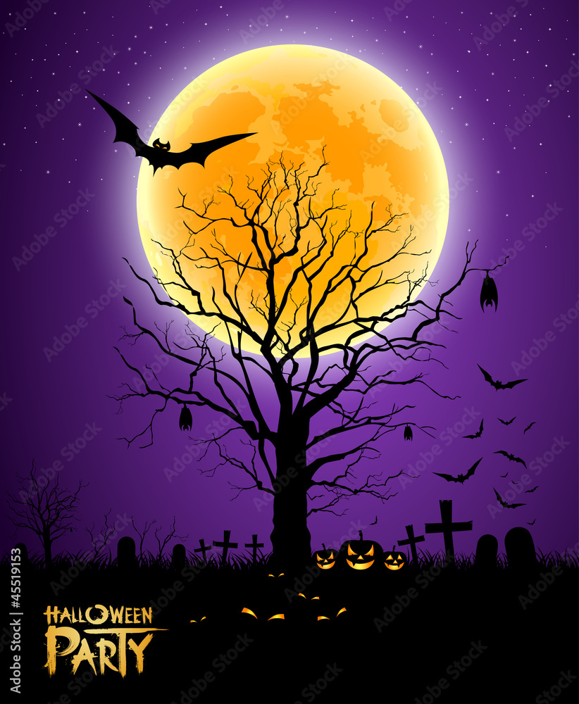 Halloween tree full moon purple background, vector