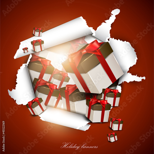 Torn paper with gift boxes. Holiday background