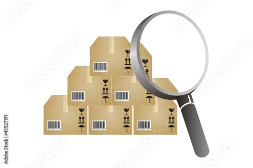 boxes and magnifying glass to find inventory analyzing photo