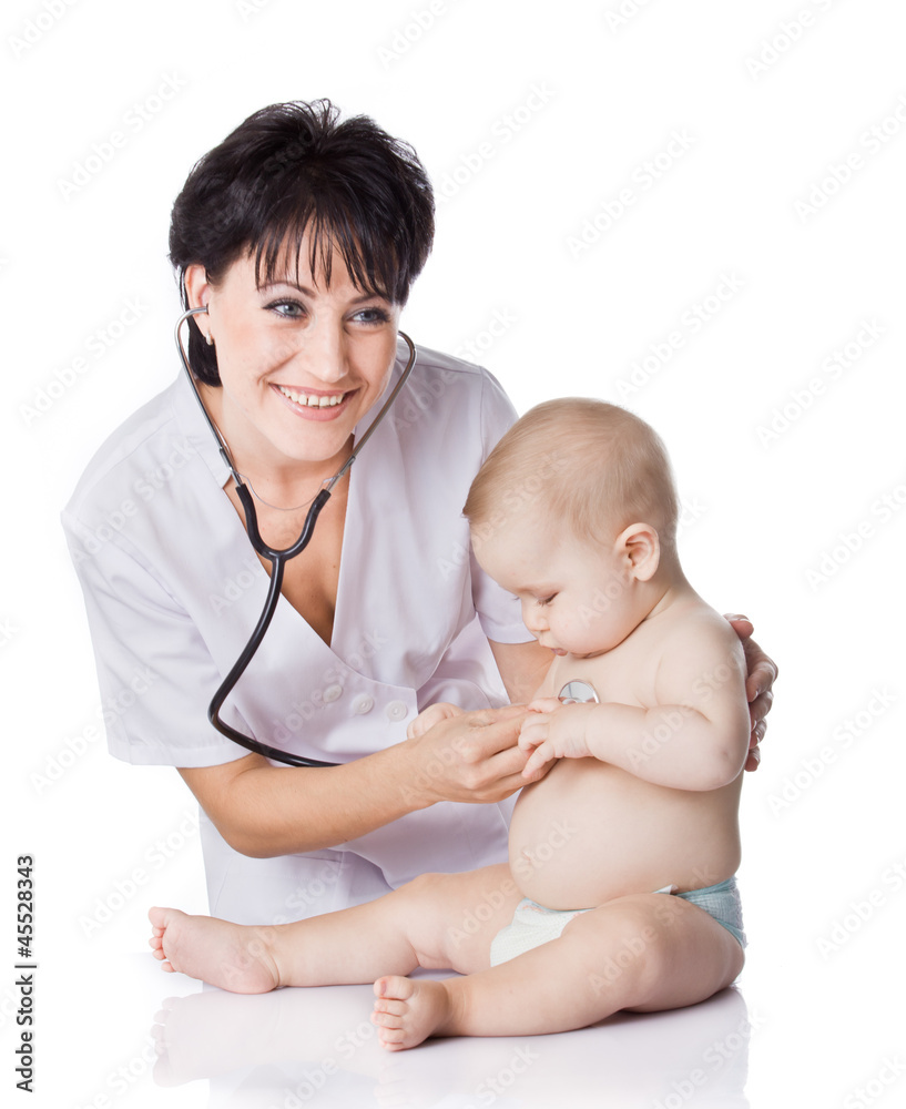 beautiful doctor and baby on a white background. beautiful doctor and baby on a white background.
