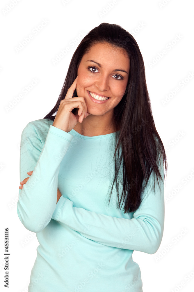 Pensive brunette woman with long hair Pensive brunette woman with long hair