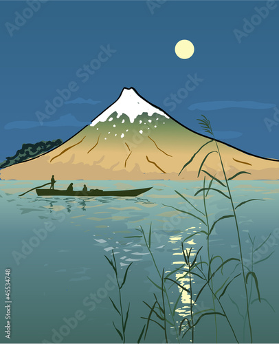 Night Seascape with Boat and Mountain