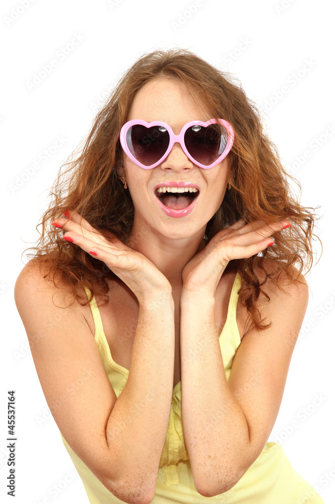 Smiling beautiful girl in glasses isolated on white Smiling beautiful girl in glasses isolated on white