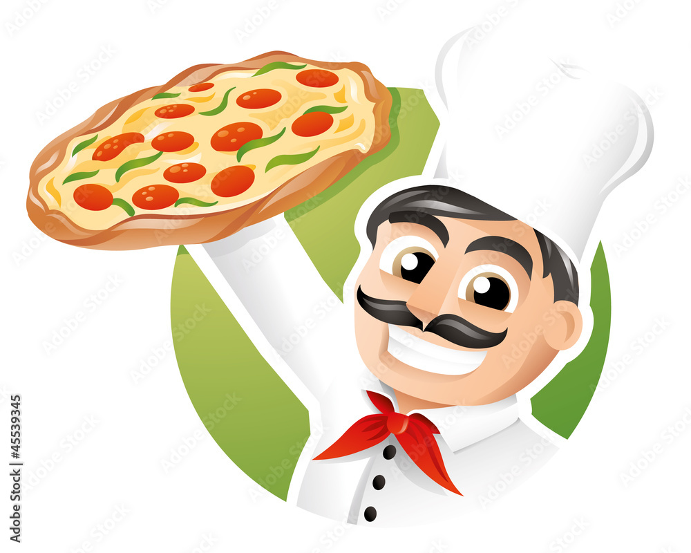 Italian chef presenting a freshly baked pizza Italian chef presenting a freshly baked pizza