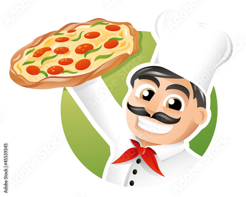 Italian chef presenting a freshly baked pizza