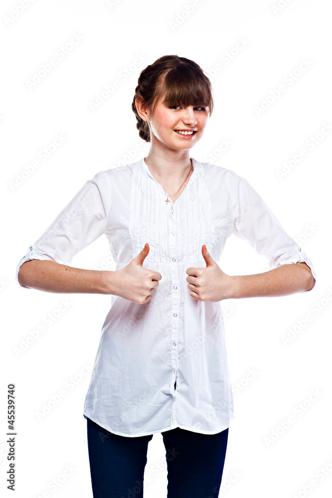 Young and funny girl in a white shirt and dark blue jeans Young and funny girl in a white shirt and dark blue jeans