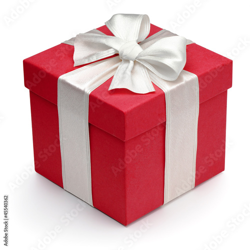 Red gift box with white ribbon and bow.