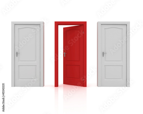 3d rendering of three doors, one open and two closed