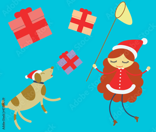 girl and dog chasing christmas presents