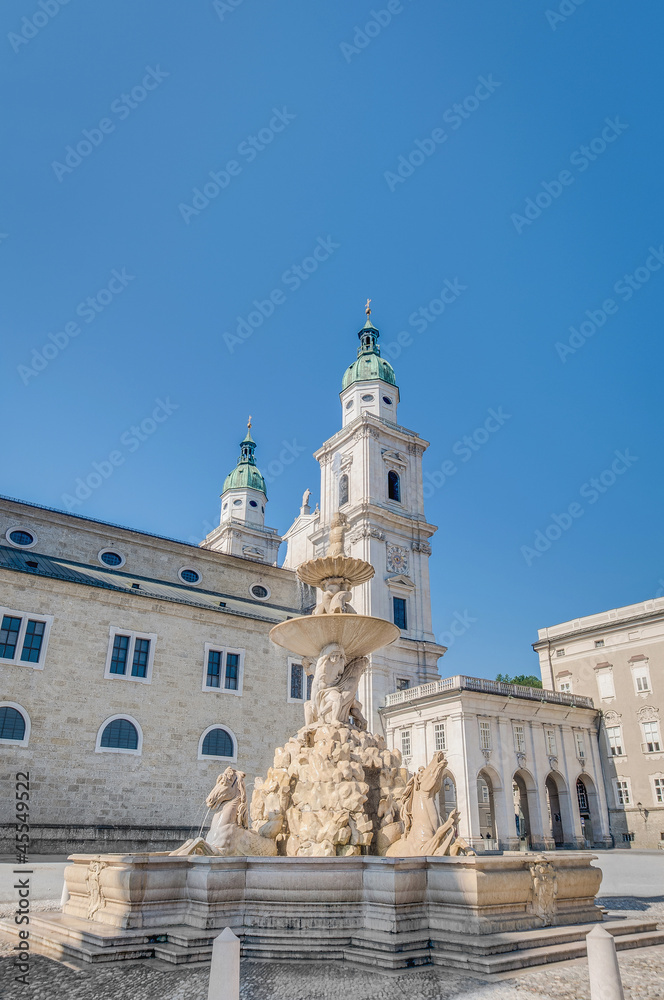 Residenzbrunnen fountain on Residenzplatz at Salzburg, Austria