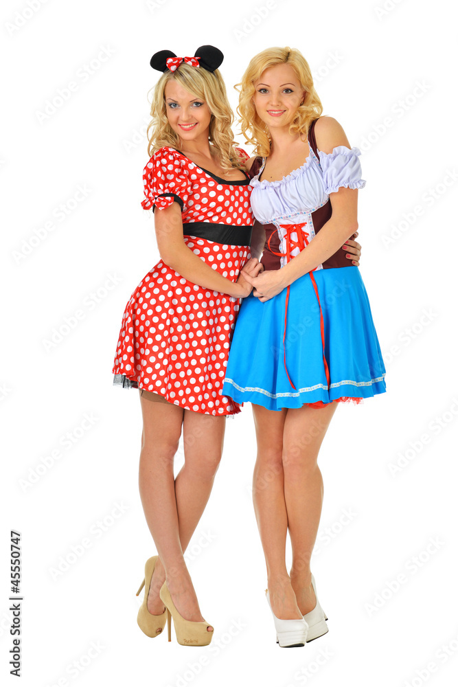 Two beautiful blonde women in carnival costumes of Mouse and Sno Two beautiful blonde women in carnival costumes of Mouse and Sno