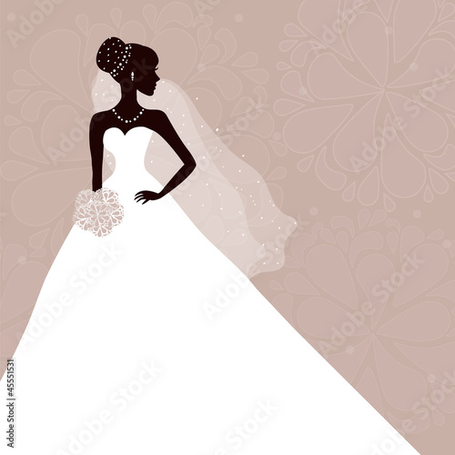 Beautiful bride with bouquet on gray background