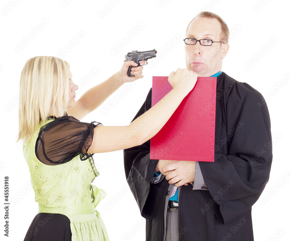 Young woman hold a lawyer at gunpoint Stock Photo | Adobe Stock