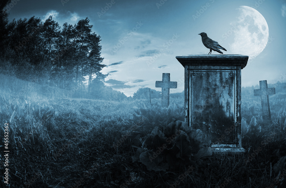 Crow on a gravestone - obrazy, fototapety, plakaty 