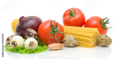 vegetables, eggs, spaghetti on a white background