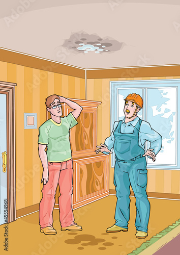 Workman with his client and dripping roof