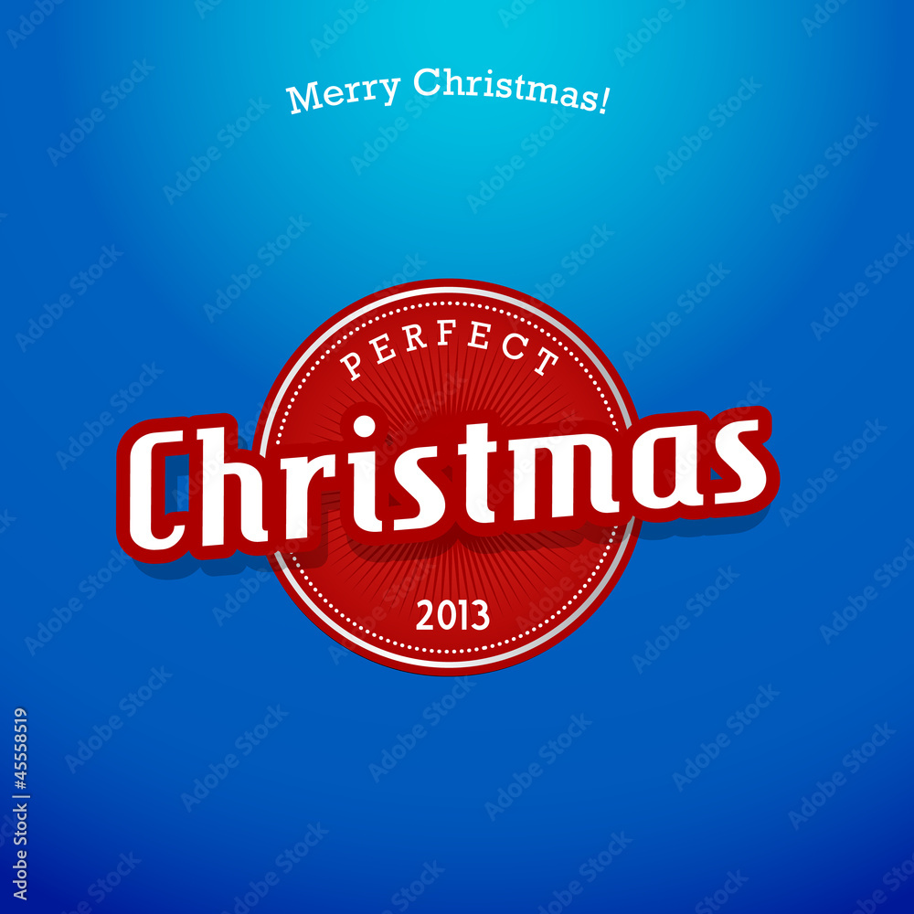Red Christmas label on blue background.