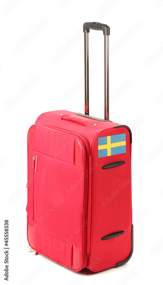 red suitcase with sticker with flag of Sweden isolated on white red suitcase with sticker with flag of Sweden isolated on white