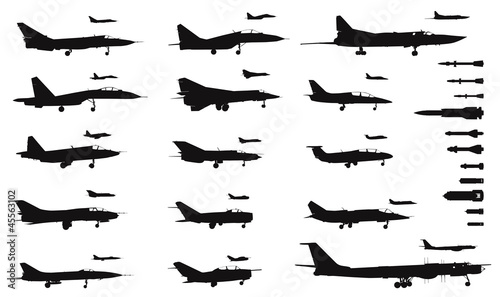 Detailed military aircrafts and weapon set. Vector silhouettes