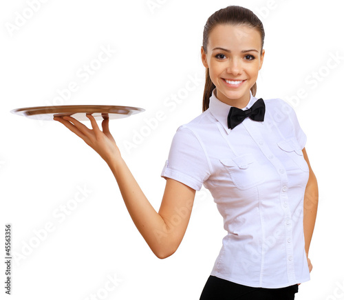 Young waitress with an empty tray