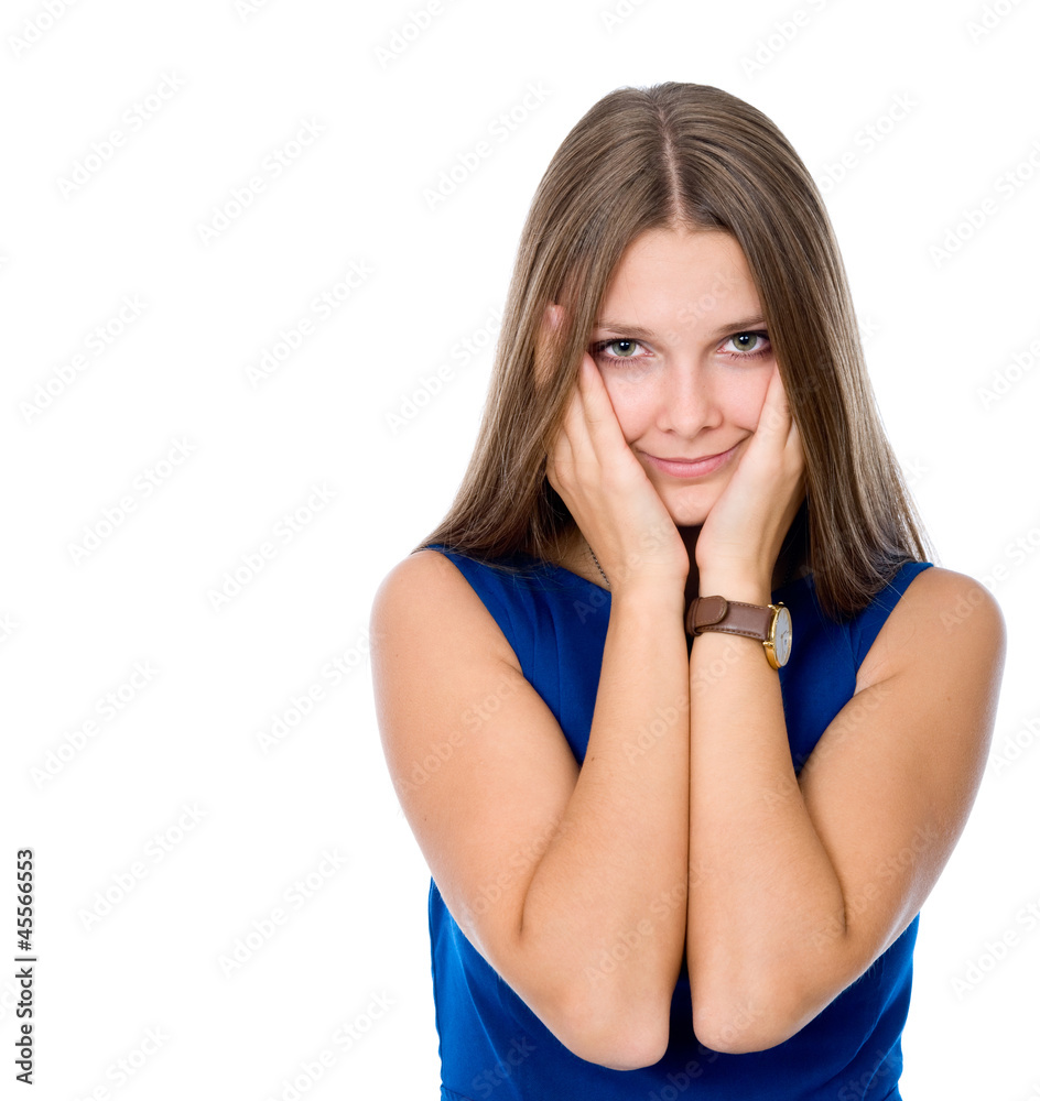 Girl with hands against cheeks