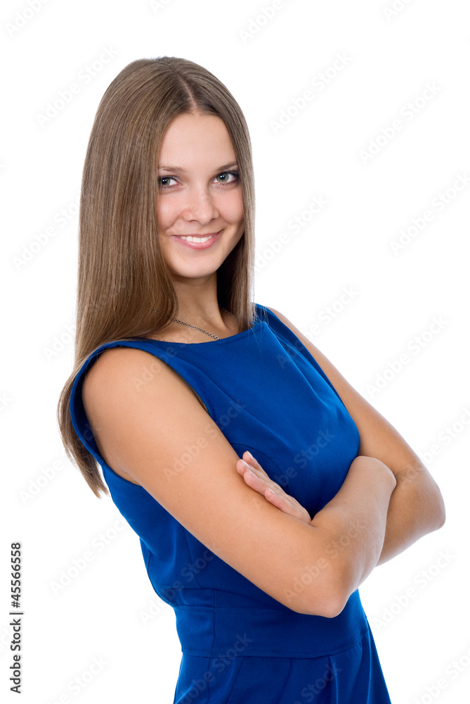 Portrait of young smiling female standing with folded hands Portrait of young smiling female standing with folded hands