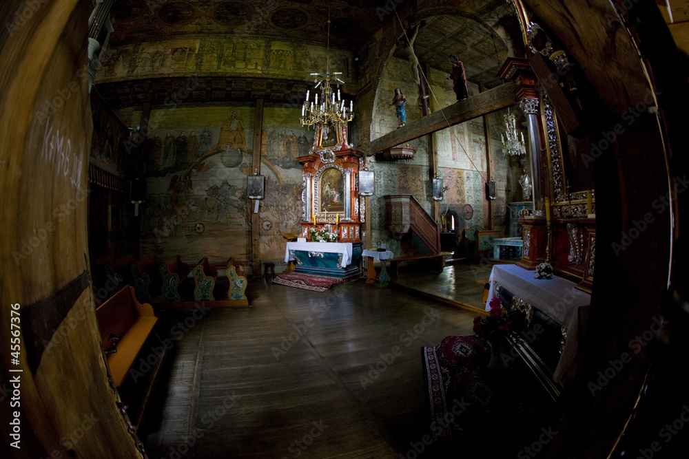 interior of wooden church, Blizne, Poland