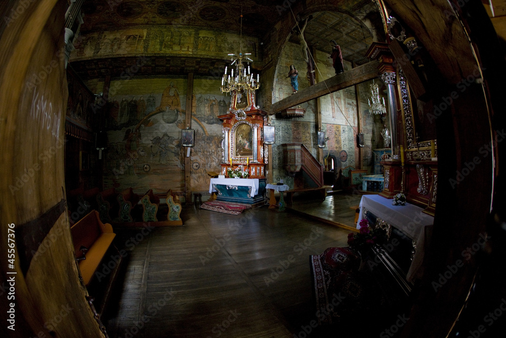 interior of wooden church, Blizne, Poland interior of wooden church, Blizne, Poland