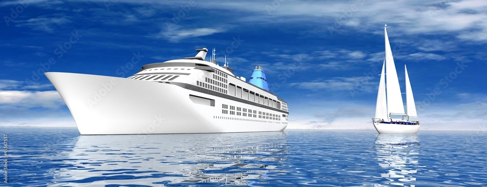 Obraz premium Big ship and sailing luxury yacht on beautiful seascape