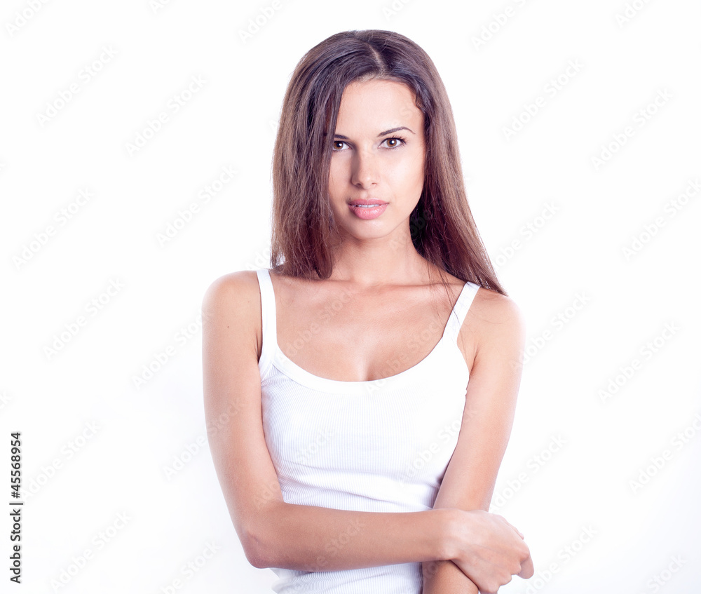 Portrait of attractive young woman against white background Portrait of attractive young woman against white background