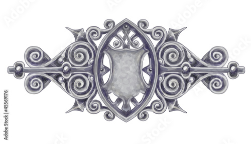 Ornated silver vintage decor with heraldic shield.