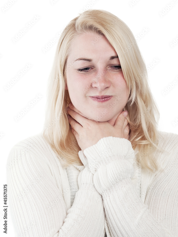 Blonde young woman has a sore throat - isolated Blonde young woman has a sore throat - isolated