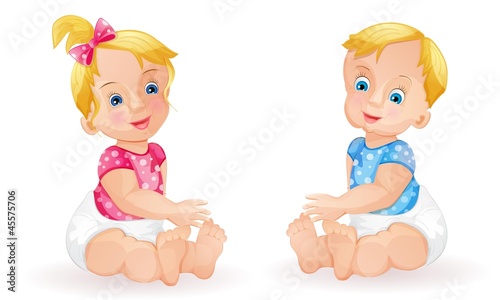 Baby girl and baby boy isolated on white