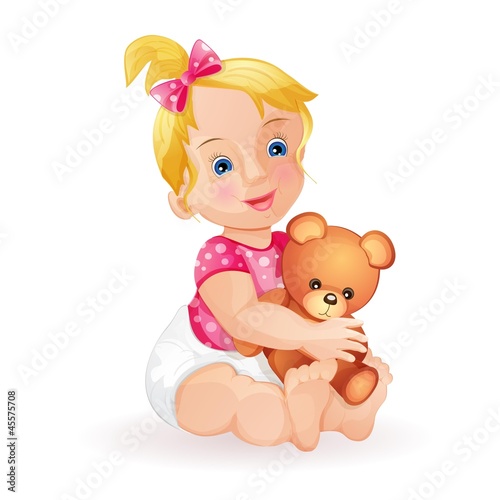 Cute baby girl holding teddy bear isolated on white © Loradora