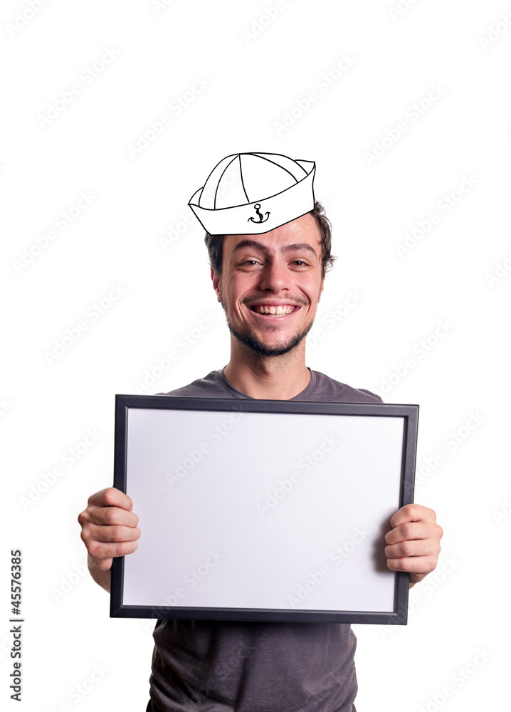fanny smiling guy showing sign with sailor's hat fanny smiling guy showing sign with sailor's hat